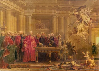 Pariisin tuomarit vastaanottavat uutisen rauhasta 21. kesäkuuta 1763