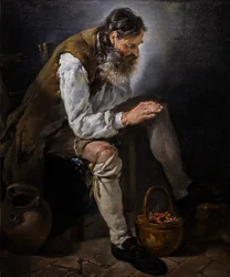 Talvi. Vanha mies lämmittää käsiään uunin ääressä, n. 1747 (Öljy kankaalle).