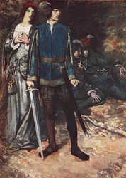 "Uskallan vain hengittää rakkauttani", kaksi herraa Veronasta, näytös V kohta 4, kuvitus Charles ja Mary Lambin tarinasta "Tales from Shakespeare"