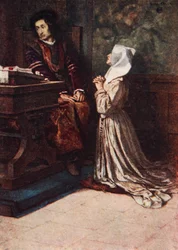 Isabelin vetoomus, Mitta mittaan, näytös II kohtaus 2, kuvitus Charles ja Mary Lambin teoksesta "Tales from Shakespeare"