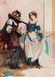 Lempeä Katherine, Särän kesyttäminen, II näytös, kohtaus 1, kuvitus Charles ja Mary Lambin teoksesta "Tales from Shakespeare"