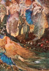 Titania nukkuu, Kesäyön unelma, näytös II kohtaus 2, kuvitus Charles ja Mary Lambin tarinasta "Tales from Shakespeare"