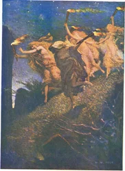 Ensimmäinen Walpurgin yö: "Läpi synkkyys johda ja seuraa, sisään ja ulos jokaisesta kivikolosta" (väri litho)