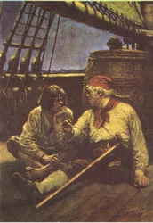 Tynnyri tärisi, kun hän nojasi olkapäänsä sitä vasten, MacDonaldin 1947 julkaisemasta Treasure Islandista (väri litho)