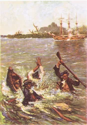 Vene upposi perästä kolme jalkaa veteen, MacDonaldin 1947 julkaisemasta Treasure Islandista (väri litho)