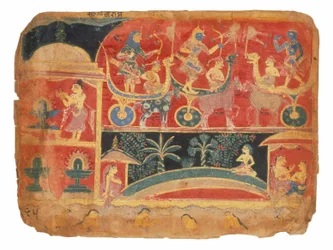 Kuvituskuva Bhagavata Puranaan, joka on
Rukmini-Haran taistelukohtaus