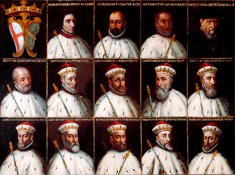 Geenitasavallan vaakuna ja Dogeen muotokuvia - Simone Boccanegra, Ottaviano Fregoso ja Antoniotto II Adorno; Andrea Doria. Oberto Cattaneo Lazzari, Battista Spinola, Battista Lomellini, Cristoforo Grilaldi Rosso, Giovanni Battista Doria