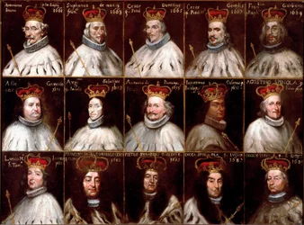 Geenitasavallan vaakuna ja Dogeen muotokuvia. Antoniotto Invrea, Stefano de Mari, Cesare Durazzo, Cesare Gentile, Francesco Garbarino, Alessandro Grimaldi, Agostino Saluzzo, Antonio Da Passano, Odon Giannettino, Agostino Spinola, Luca M