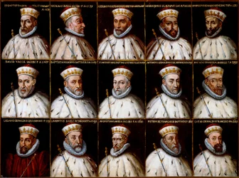 Genovan tasavallan vaakuna ja dogien muotokuvat. Gio. Battista Gentile Pignolo, Nicolò Doria, Gerolamo De Franchi Toso, Gerolamo Chiavari, Ambrogio Di Negro, Davide Vacca (tai Vaccari), Battista Negrone, Gio Giustiniani Campi, Antonio Grimal