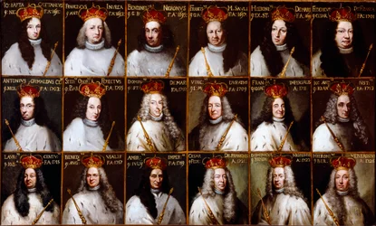 Genovan tasavallan vaakuna ja dogien muotokuvat. Giovanni Battista Cattaneo, Francesco Invrea, Negrone Bendinelli, Francesco Maria Sauli, Girolamo De Mari, Federico De Franchi, Antonio Cebà Grimaldi, Onorato Stefano Ferreti, Domenico De Ma