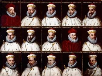 Geenitasavallan vaakuna ja Dogeen muotokuvia. Silvestro Invrea, Gerolamo Assereto, Agostino Pinello Luciani, Alessandro Giustiniani Longo, Tomaso Spinola, Clavarezza Bernardo, Giovanni Giacomo Imperiale (Tartaro), Pietro Durazzo, Ambrog