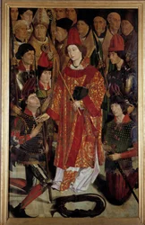 Saint Vincent, Lissabonin suojelija Pyhän Vincentin Zaragozalainen polyptyykki, jota ympäröivät eveques-ritarit. Nuno Goncalvesin tai Gonzalvezin (1400-luku) maalaus Kansallinen muinaisen taiteen museo, Lissabon.