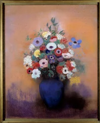 Odilon Redonin (1840-1916) anemoneja ja syreenejä sinisessä maljakossa