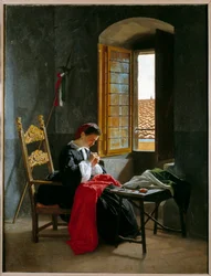 Risorgimento: "Nainen ompelemassa Italian lippua 26/04/1859". 1859, milanolainen yksityiskokoelma