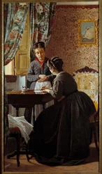 Lukutaidoton tai nainen kirjoittaa kirjettä piikalleen Odoardo Borranin (1834-1905) maalaus 1869 Yksityinen kokoelma