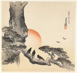 Crows on a Tree Trunk, Meiji-kausi, n. 1890-1910 (värillinen puupainatus)