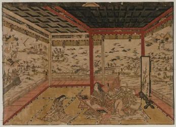 Lady Murasaki Ishiyamassa näköalalla panoraamalle, josta on seitsemän näköalaa Biwa-järvelle, 1740-luku.