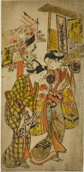 Näyttelijät Sanjo Kantaro II Osomena ja Ichikawa Monnosuke Hisamatsuna näytelmässä "Osome Hisamatsu Tamoto no Shiro Shibori", esitettiin Morita-teatterissa, 1720