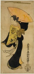 Näyttelijä Fujimura Handayu II Nowake no Maen roolissa näytelmässä "Tategami Teika Kazura", joka esitettiin Ichimura-teatterissa 11. kuussa 1719.