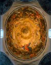 Näkymä kupolin sisältä. Orazion ja Girolamo Riminaldin Neitsyt taivaaseenastumista kuvaava fresko (1600-luku)
