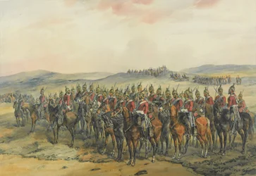 4. ja 5. Dragoon Guards, Line of Heavy Dragons ennen hyökkäystä Balaclavassa (kynä ja muste ja akvarelli paperille)