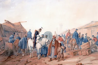 Brittiarmeijan huoltoasema Balaclavan (Balaklava) satamassa - Norie, Orlando (1832-1901) - 1854 - Vesiväri paperille - 36,3x52,6 - Yksityiskokoelma