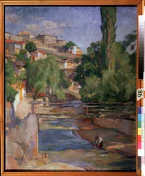""Maisema sillan ja joen kanssa"" Osip Emmanuilovich Brazin (1872-1936) maalaus 1912 valtion taidemuseo, Tomsk