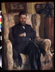 ""Taiteenkeräilijän Alexis (AA) Bakhrushinin (1865-1929) muotokuva" (Keräilijä Aleksei A. Bakhrushinin muotokuva) Osip Emmanuilovich Brazin (1872-1936) maalaus 1904 Tulan valtion taidemuseo (Toula)