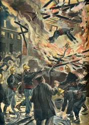 Palomies Baillyn kuolema myllypalossa Bourgesissa vuonna 1898 (kaiverrus).
