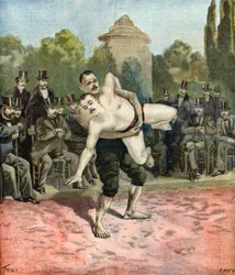 Painijoiden Pierri ja Usouf Ismaillolo demonstraatio,1895 (Kuvitus)