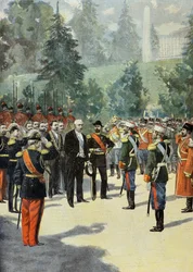 Nikolai 2 toivottaa Felix Fauren tervetulleeksi Pietarhoviin vuonna 1897 (kaiverrus).