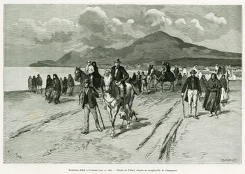 Saaristolaiset menossa messuun. Tofanin kaiverrus havainnollistamaan tarinaa Trois mois en Irlande, vuonna 1889, Marie anne de Bovet, in le tour du monde 1890, ohjaaja Edouard Charton (1807-1890), Hachette, Pariisi.