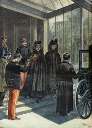 Madame Felix Faure poistumassa elyseestä tasavallan presidentin kuoleman jälkeen vuonna 1899 (kaiverrus).