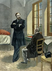 Paul Deroulede vankilassa vastaanottaa asianajajansa Oscar Falateufin vuonna 1899 (kaiverrus).