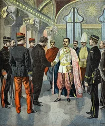 Siamin kuningas Rama 5 vastaanottaa Paul Doumerin vuonna 1899 (kaiverrus).