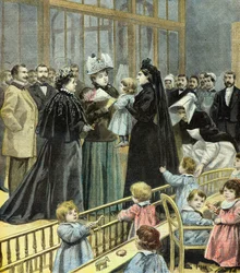 Presidentti Felix Fauren vaimo vierailee lasten luona Fourcade-puutarhassa Pariisissa vuonna 1896 (kaiverrus).