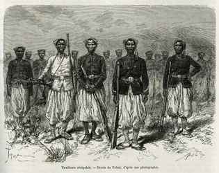 Retkikunnan saattajan senegalilaiset ratsastajat. Tofanin kaiverrus havainnollistamaan merijalkaväen komentaja Gallienin Haut Nigerin tutkimustarinaa vuosina 1880-1881, julkaistu Tour du mondessa, Edouard Chartonin (1807) johdolla.