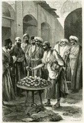 Kalastuskauppias Kachanissa (tai Kashanissa Teheranin maakunnassa, nykyisessä Iranissa). Tofanin kaiverrus valokuvasta havainnollistamaan tarinaa "" Persia, Chaldee ja Susiane"" vuosina 1881-1882, kirjoittanut Jane Dieulafoy (s. Magre