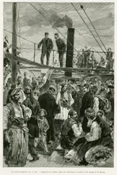 Laivan kansi. Tofanin kaiverrus havainnollistamaan tarinaa Voyage en Thessalie vuonna 1882, Paul Monceaux, in le tour du monde 1887, ohjaaja Edouard Charton (1807-1890), Hachette, Pariisi.