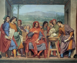 Laurent de Medici (1449 - 1492) (Laurent the Magnificent: Lorenzo il Magnifico) istuu taiteilijoiden keskellä, Ottavio Vanninin fresko (1585 1643) - Museo degli argenti, Firenze