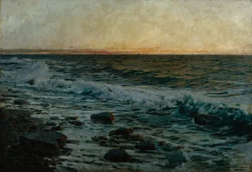 Auringonlasku valtameren rannalla (öljy kankaalle)