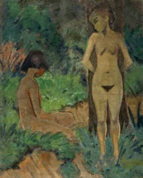 Kylpijöitä puiden alla, noin 1925 (liimamaali kankaalle)