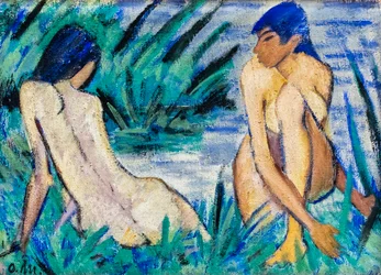 Kaksi tyttöä kaislikossa, n. 1920 (Öljy juutille)