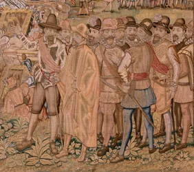 Flanderin kuvakudos. Sarja Arkkiherttua Albertin voitot ja taistelut. Hulstin kaupungin (Toma de la Plaza de Hulst) valloitus. Seitsemäs kuvakudos sarjassa. Mallina Otto van Veen ja Hans I Snellinck. Valmistus Martin Reynbouts, Bryssel