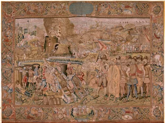 Flanderin kuvakudos. Sarja Arkkiherttua Albertin voitot ja taistelut. Hulstin kaupungin (Toma de la Plaza de Hulst) valloitus. Seitsemäs kuvakudos sarjassa. Mallina Otto van Veen ja Hans I Snellinck. Valmistus Martin Reynbouts, Bryssel