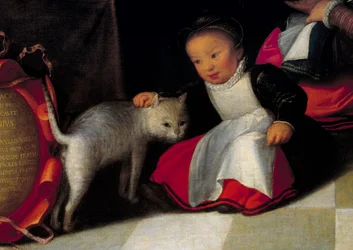 Taiteilija ja hänen perheensä Kissaa ja lasta edustava yksityiskohta. Octavius Van Veenin (1556-1629) maalaus