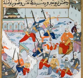 Konstantinopolin valloitus: Ottomaanien sulttaani Mehmet II (Mehmed II Valloittaja tai Muhammad II Fatih) (1430-1481) armeija Kultaisessa sarvessa piiritti Konstantinopolin kaupunkia vuonna 1453. 1400-luvun miniatyyri. Topkapi Sarayi -museon kirjasto Istan
