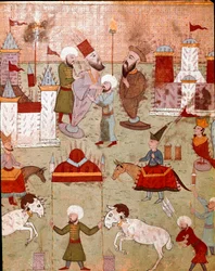 Ottomaanien sulttaani Murad II:n pojan (Murat) (1404-1451) ympärileikkauksen yhteydessä järjestetyt juhlat, ilotulituksen valmistus 1500-luvun Istanbulin pienoismalli, Topkapi Sarayi -museon kirjasto