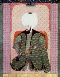 Ottomaanien valtakunta: "" Ottomaanien sulttaani Bajazed (Bayezid, Bajazet, Bayazid) II Oikeus (1447-1512) muotokuva"" Miniatyyri käsikirjoituksesta (Ms. 1973, folio 62a) "" Zubdat al Tawarikh" (Zubdat al Tawarikh) (Creme of Stories), historioitsija Seyid 