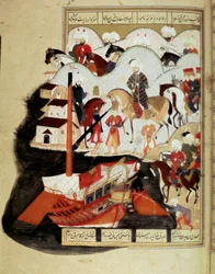 Ottomaanien valtakunta: "" Sulttaani Murad III (1574-1595) vierailee Konstantinopolin satamassa"" Käsikirjoitus miniatyyri ms. FY 1404 "" Sehinsahname"" (tai Shahinshah-nameh tai Shahinshah-nameh, Shahinshah nama, Shahinshah nameh) "" Kuninkaiden kuninkaan
